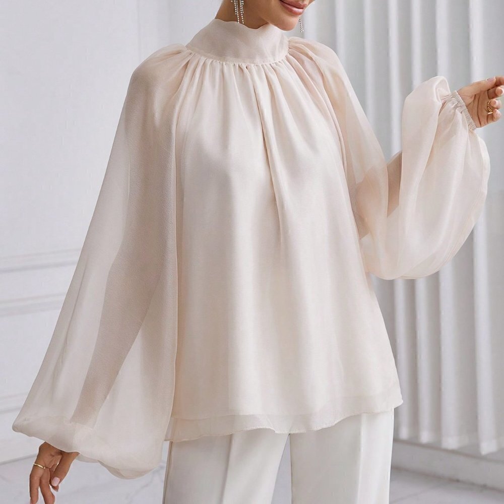 Apricot Casual Women's Solid Color Stand Collar Lantern Sleeve Shirt - Picture 2 of 5